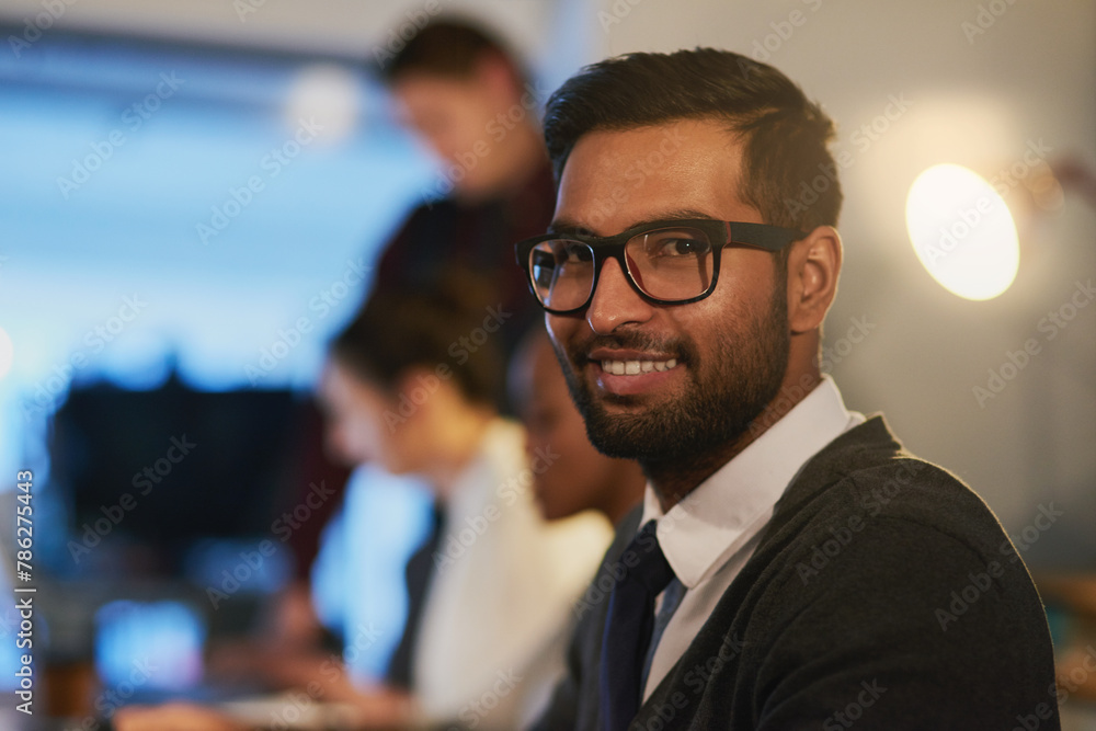 Poster Business man, portrait and computer at night in office, online and software or web design. Male person, coworking space and typing code for deadline, cybersecurity and app developer or programmer