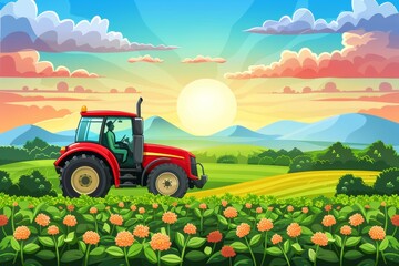 Agricultural tractor spraying crop at sunset  infographic banner for food production industry