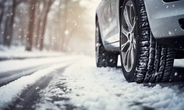 Winter tires on snow road with amazing background. Close up photo of winter tires
