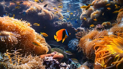 Vibrant Underwater Coral Reef with Diverse Colorful Fish Swimming Through in Sharp Focus with Wide Angle Photography