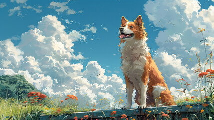 printed illustration of a dog on a bridge anime style