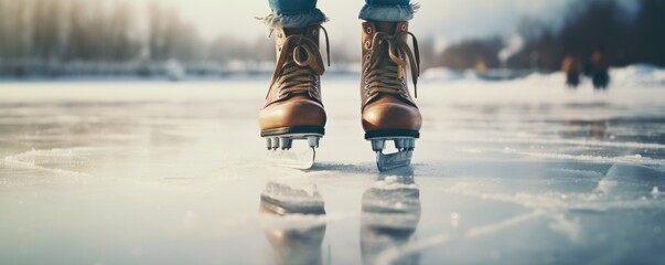 Close up photo of skates on feet on ice with amazing background. Skating on ice in winter