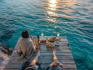 Romantic Dinner Setting on Wooden Pier Overlooking Sparkling Ocean at Dawn