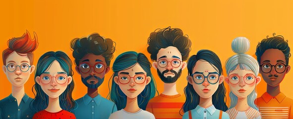 Illustration of different people, men and women from all over the world, various race and nationalities forming unity - obrazy, fototapety, plakaty