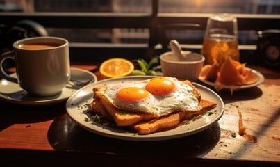 Delicious breakfast served on plate on wooden table in the kitchen.