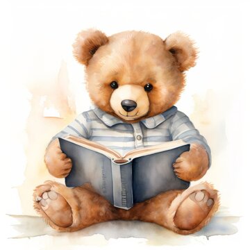 Charming Teddy Bear Reading, Watercolor Technique on White Paper - cozy reading, children's watercolor