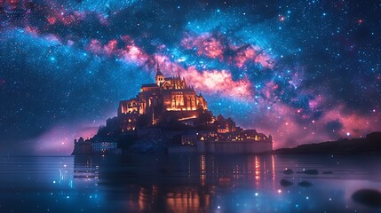 A magnificent castle perched on a hill, surrounded by a moat, under a star-filled night sky.  - obrazy, fototapety, plakaty