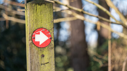 Red arrows way marker sign on a trail
