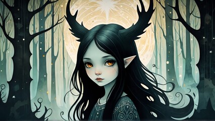 Fantasy illustration of a girl in a dark forest with moon and stars.