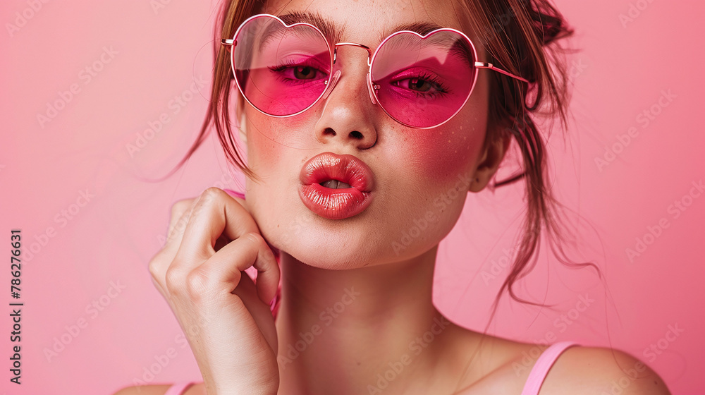 Wall mural young woman with braided hair wearing heart-shaped sunglasses. studio portrait with pink background.