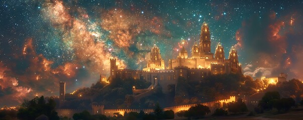 A magnificent castle perched on a hill, surrounded by a moat, under a star-filled night sky. 