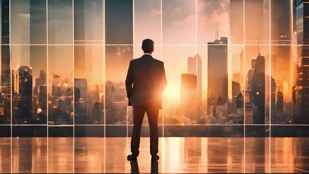 The business man standing back during sunrise overlay with cityscape image