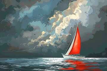 Red sailboat Illustration - obrazy, fototapety, plakaty