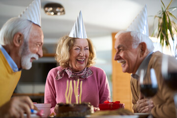 Group of cheerful mature  friends having fun while celebrating Birthday at home.	