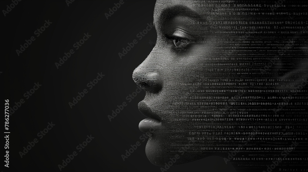 Poster a human silhouette made of different algorithms, digital codes, numbers; solid black background.