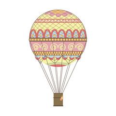 Hot air balloon with pattern and basket for sky adventure, color line drawing vector illustration