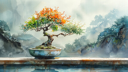 watercolor painted illustration of a bonsai - obrazy, fototapety, plakaty