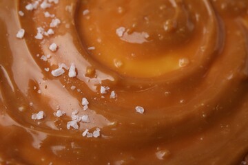 Delicious caramel sauce with sea salt as background, closeup