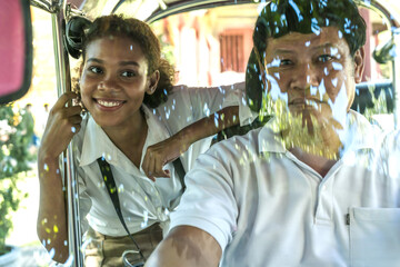 Young black tourist woman sitting in back seat tuktuk exploring Thailand - obrazy, fototapety, plakaty