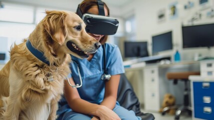 Veterinarian With VR Headset Beside Golden Retriever