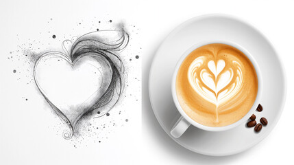Flat illustration consisting of two halves. Cups of hot coffee standing on a saucer on a white background with a pattern on the foam and a heart pattern. - obrazy, fototapety, plakaty