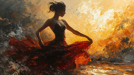 A Pretty Women Ballerina Ballerina Dancer in Orange Ballet Dress With Red and Yellow Brush Strokes