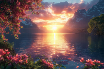 sunset over tranquil lake surrounded by blossoming flowers and serene nature