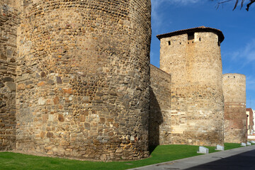 Roman walls of the city of Leon in a sunny day. Castilla y leon. Spain.