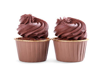 Two delicious chocolate cupcakes isolated on white