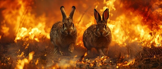 Rushing Rabbits Escape Fiery Danger. Concept Adventure, Rabbits, Escape, Fiery Danger, Rushing - obrazy, fototapety, plakaty