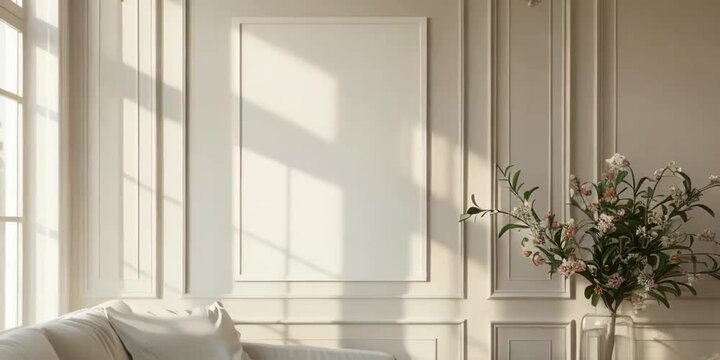 Video mockup of black canvas or picture frame for big poster in white minimalistic interior. Empty room for exhibition. With warm sunny light