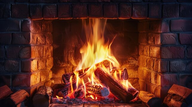 A fireplace contains a burning fire