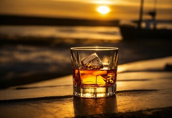 glass of whiskey, enjoy glass of wine on sunset 