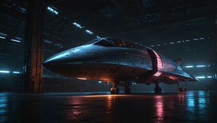 In dark hangar glow of soft neon lights reflects off smooth metal surfaces of massive spacecraft - obrazy, fototapety, plakaty