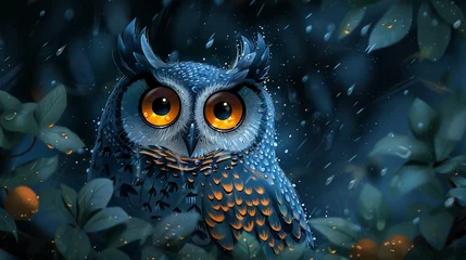 Poster illustration of an owl in the rain flat style © Robin