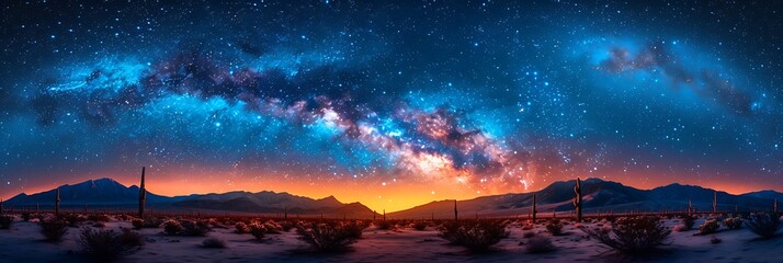 A panoramic view of the Milky Way arching over a silent desert, with a silhouette of cacti in the foreground
