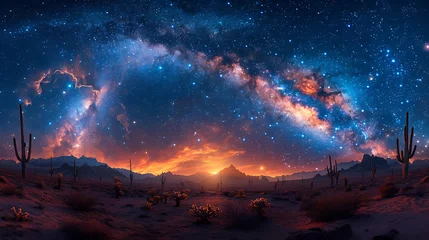 Deurstickers A panoramic view of the Milky Way arching over a silent desert, with a silhouette of cacti in the foreground © forall