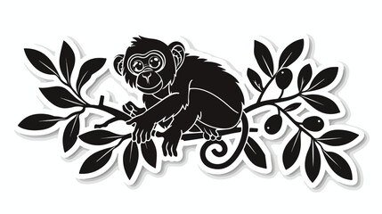 Monochrome contour sticker with monkey and olive branch