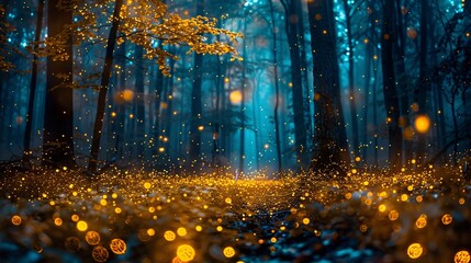 Enchanted autumn forest with golden firefly lights