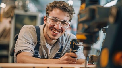 Fototapeta premium Smiling young male craftsman with safety goggles in a workshop
