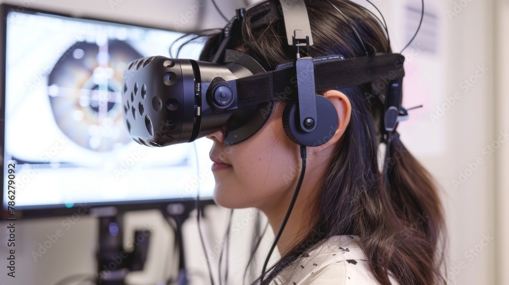 Poster Woman Experiencing Virtual Reality in a Lab Setting