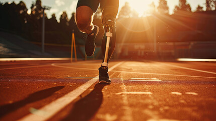 Inspirational athlete with prosthetic leg running at sunrise on track