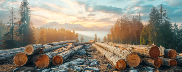 View on the stack of the trees trunks in deforested forest in the morning. Deforestation concept.