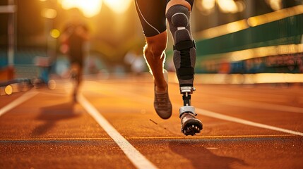 Determined athlete with prosthetic leg sprinting on track at sunset