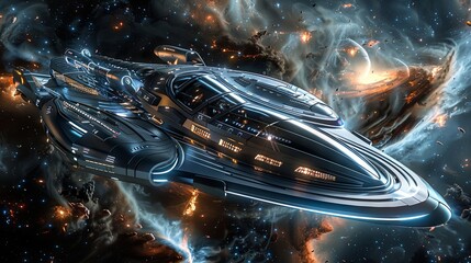 Stellar voyage through a cosmic nebula with futuristic spaceship