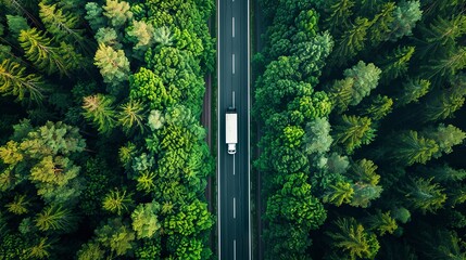 Aerial view of car driving through lush forest road