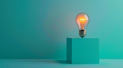 Illuminated light bulb on blue cube against teal background