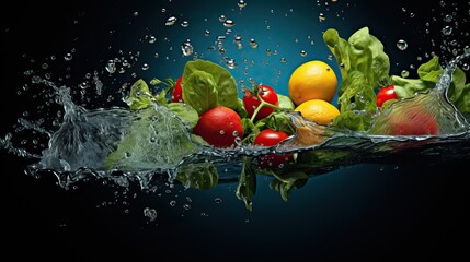 Beautiful vegetables, fruits and herbs falling with splashes into the water. On a dark background.