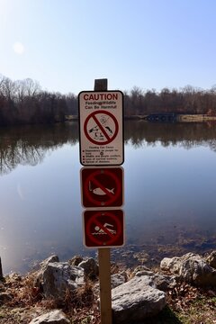 The warning signs at the lake in the countryside.