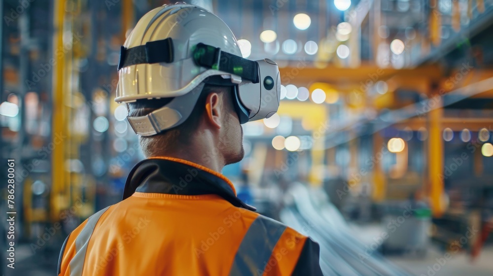 Poster Engineer With VR Headset Inspecting Factory